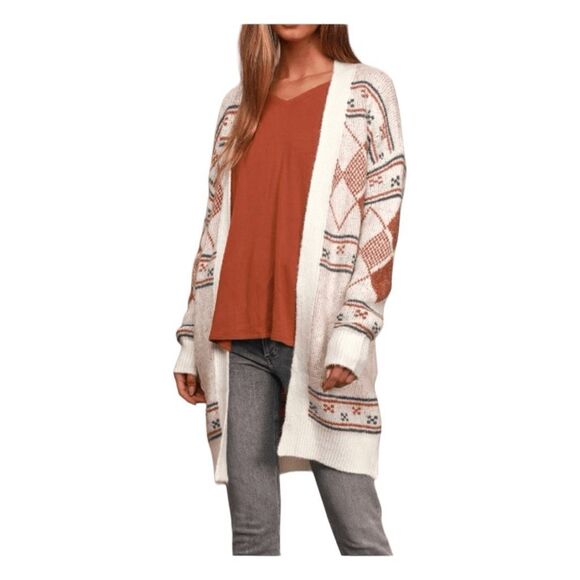 Lulu's Anchorage Long Line Cardigan Sweater Cream Argyle Inspired Print S - Picture 2 of 11